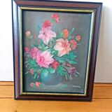 Peinture huile sur toile encadrée nature morte fleurs par J.Justin collection signé