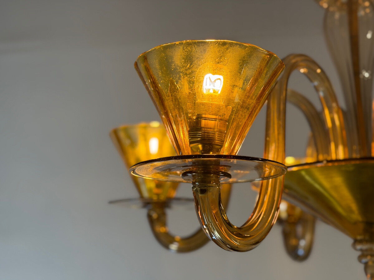 Venetian lustre in brown and yellow Murano glass, circa 1940.