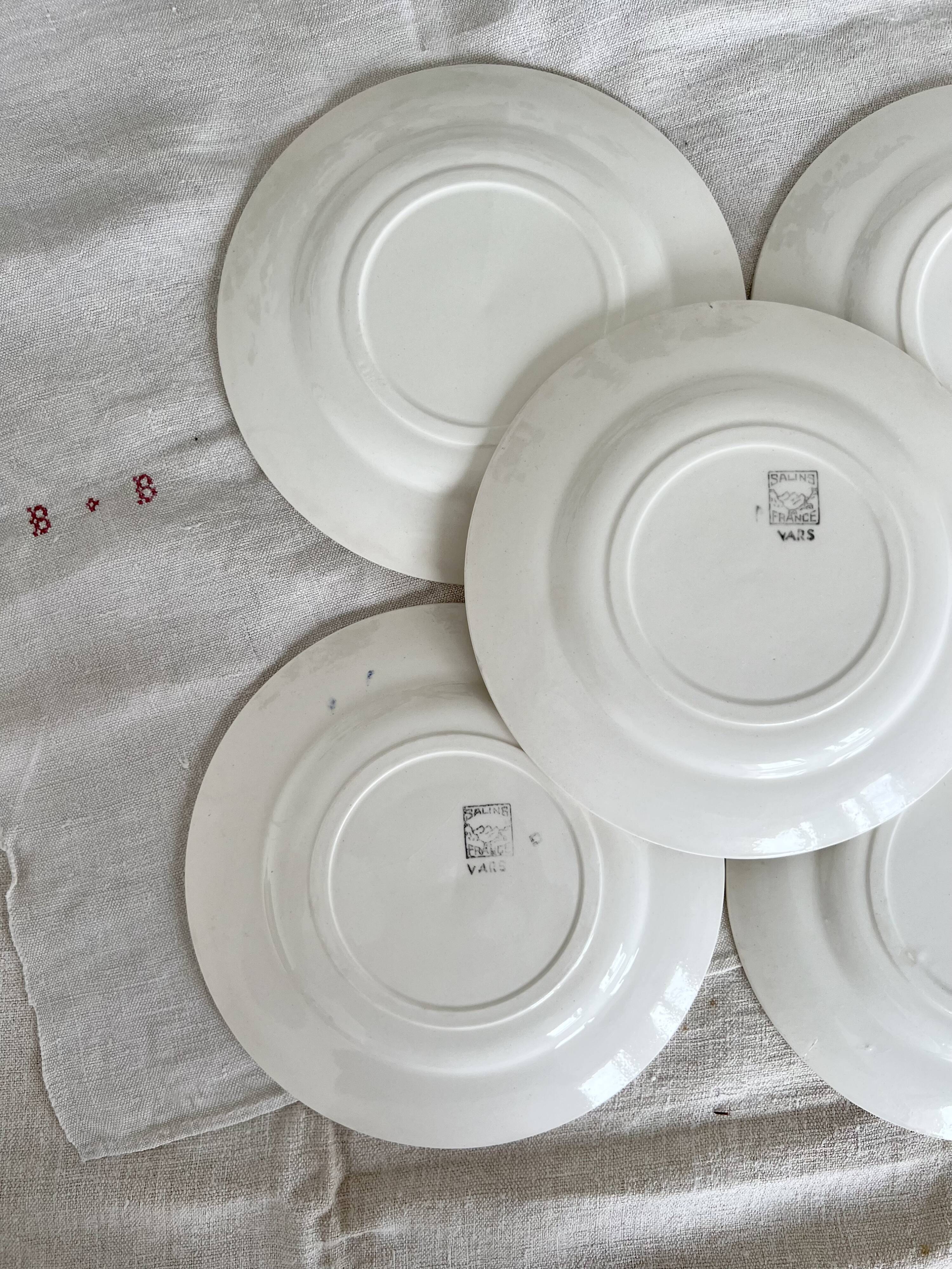 5 vintage earthenware dessert plates stamped Salins - Marli beige and white gingham