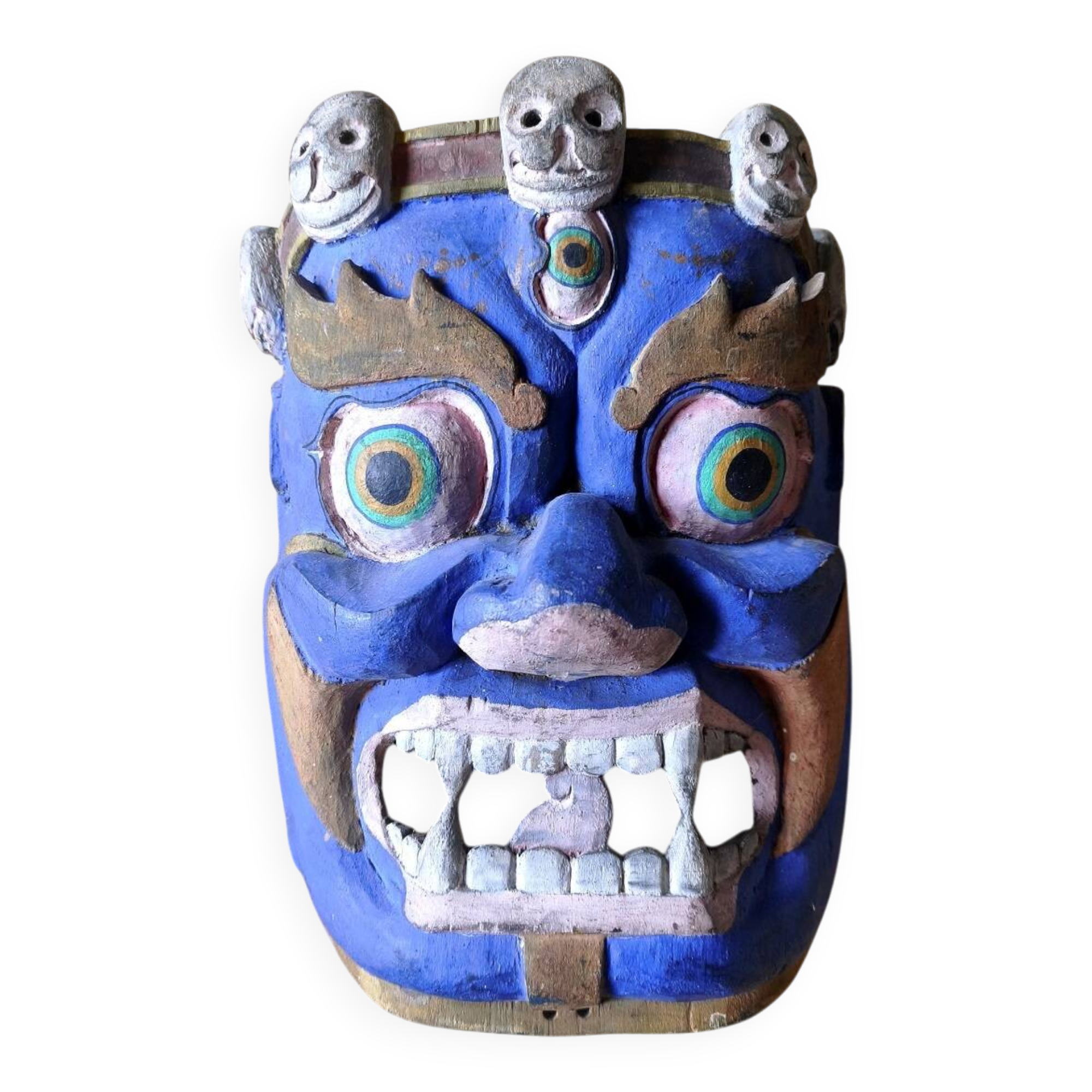 Ancient Balinese mask in polychrome carved wood – protective figure of the t