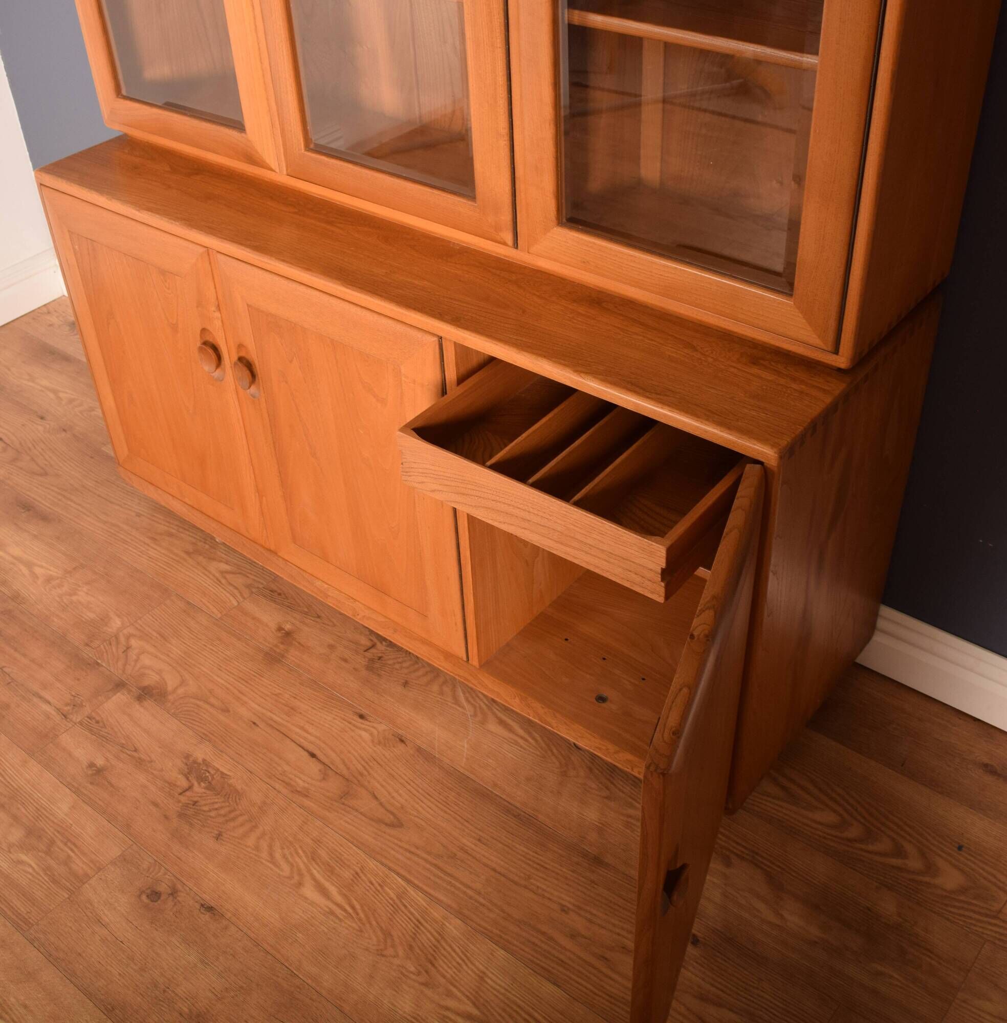 Ercol elm windsor model 806,803 glazed three door cabinet dresser