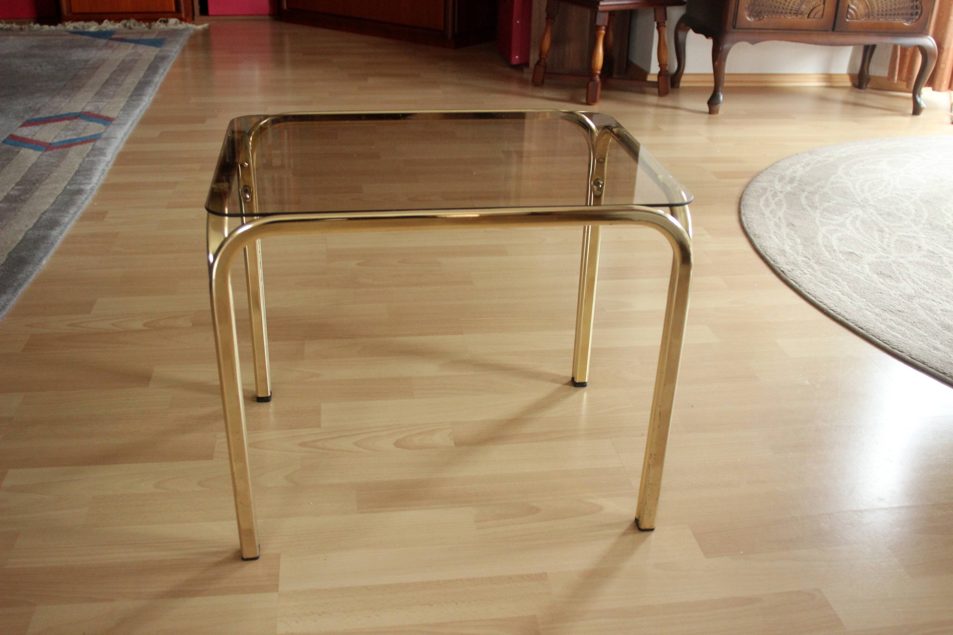 Brass side table with smoked glass plate - Vintage