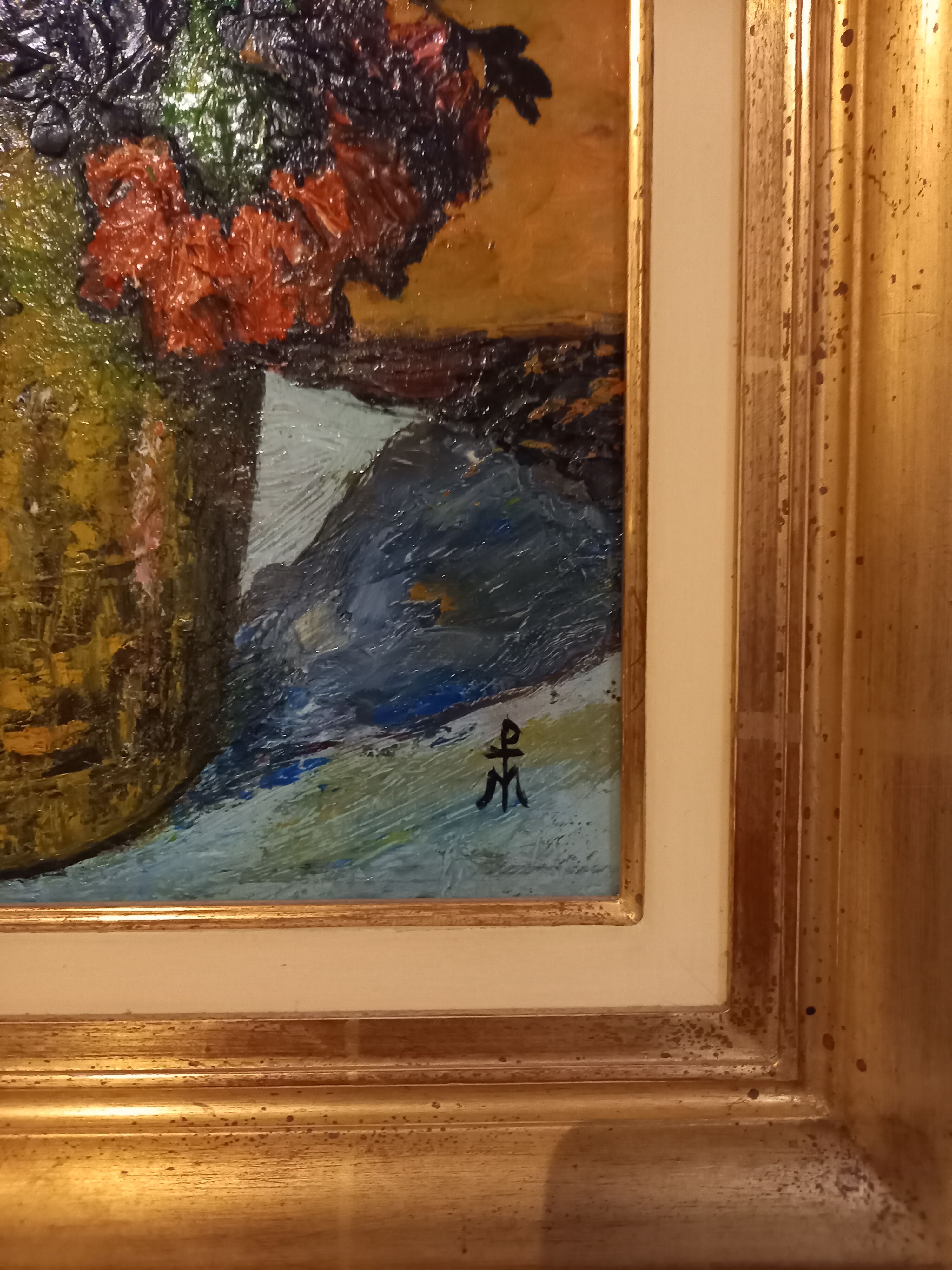 Old painting, oil on canvas, representing a bouquet of flowers, mid-twentieth century