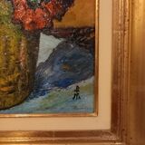 Old painting, oil on canvas, representing a bouquet of flowers, mid-twentieth century