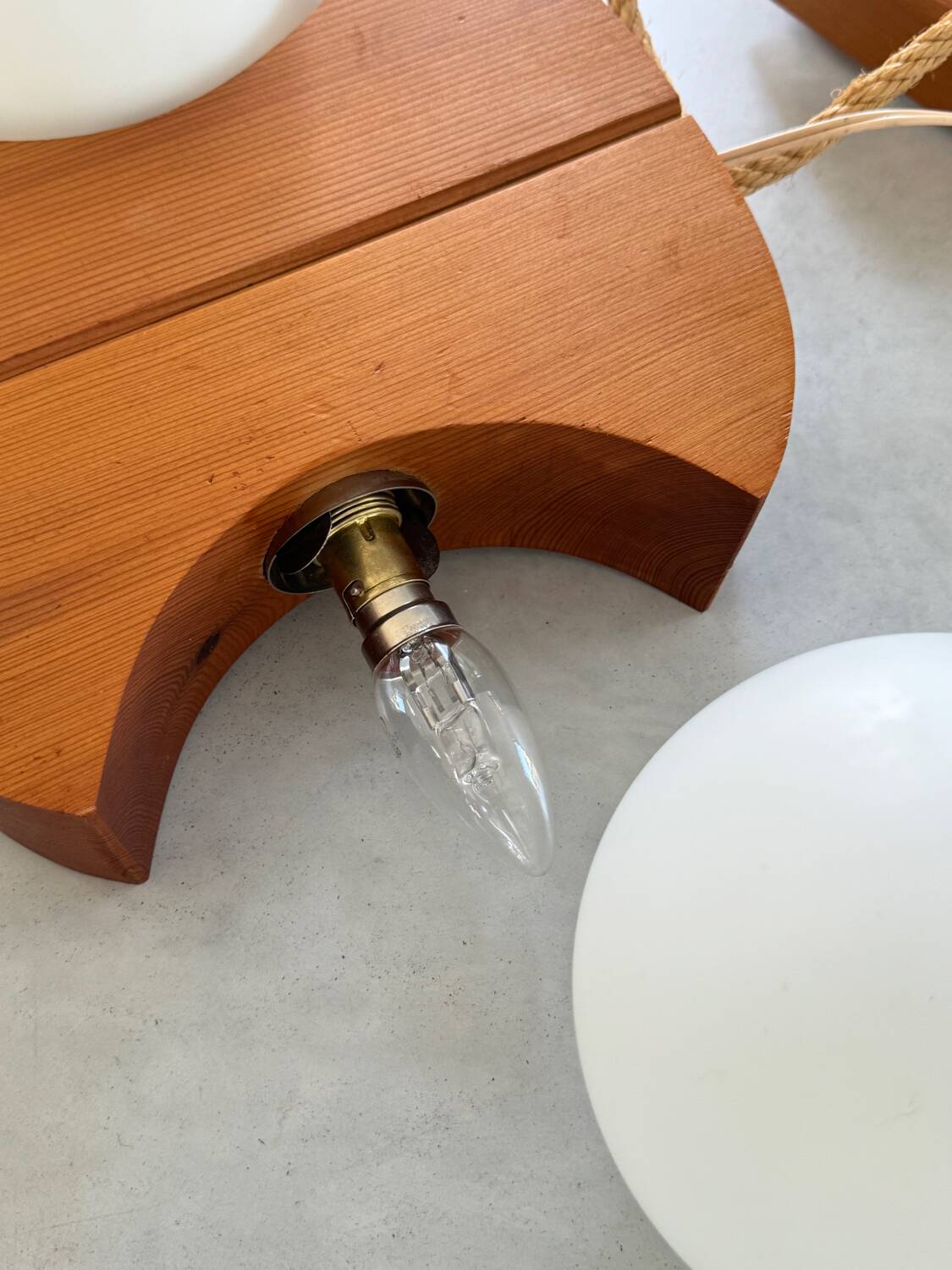 Scandinavian design chandelier pendant, rope, opaline and pine, from the 1980s