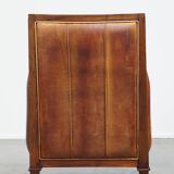 Cognac-Colored Sheepskin Leather Art Deco Design Chair Combined with Wood
