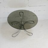 Living room table "Space Age" polished steel, circular slab smoked glass. France, circa 1970.