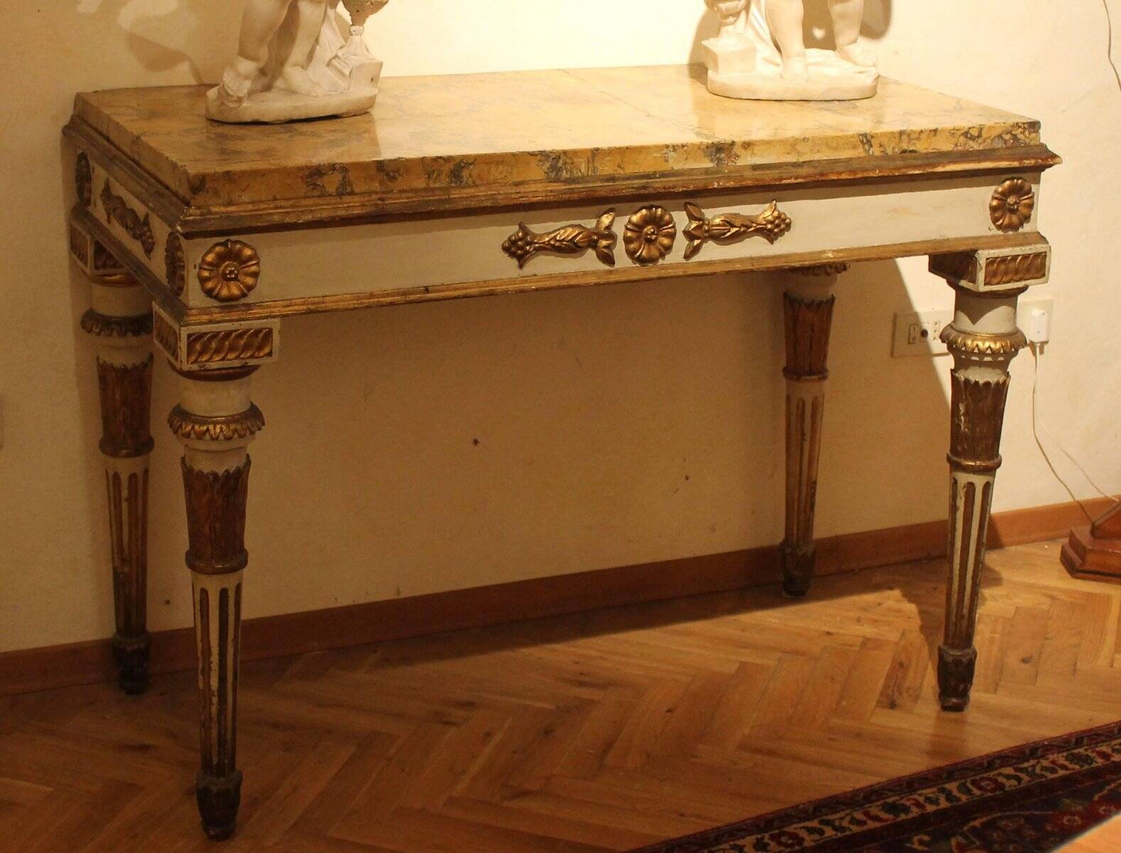 Italian Louis XVI White Lacquer and Giltwood Console with Scagliola Siena Marble Top