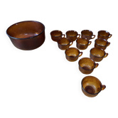 Saladier + 11 tasses vereco givré verre moulé ambré années 70 vintage