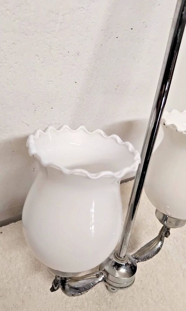 Ancien lustre 2 bras canards chromé - abats jour opaline vintage