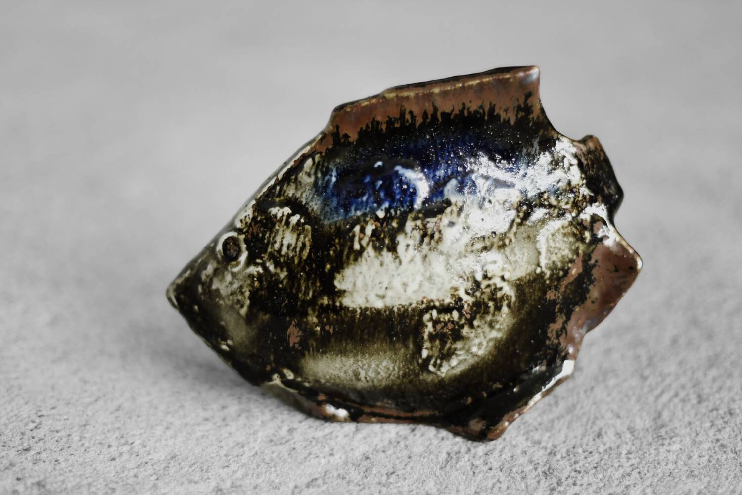 Brown stoneware and cobalt fish, vintage mid-century, modern and Scandinavian.