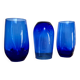 3 blue colored long drink glasses