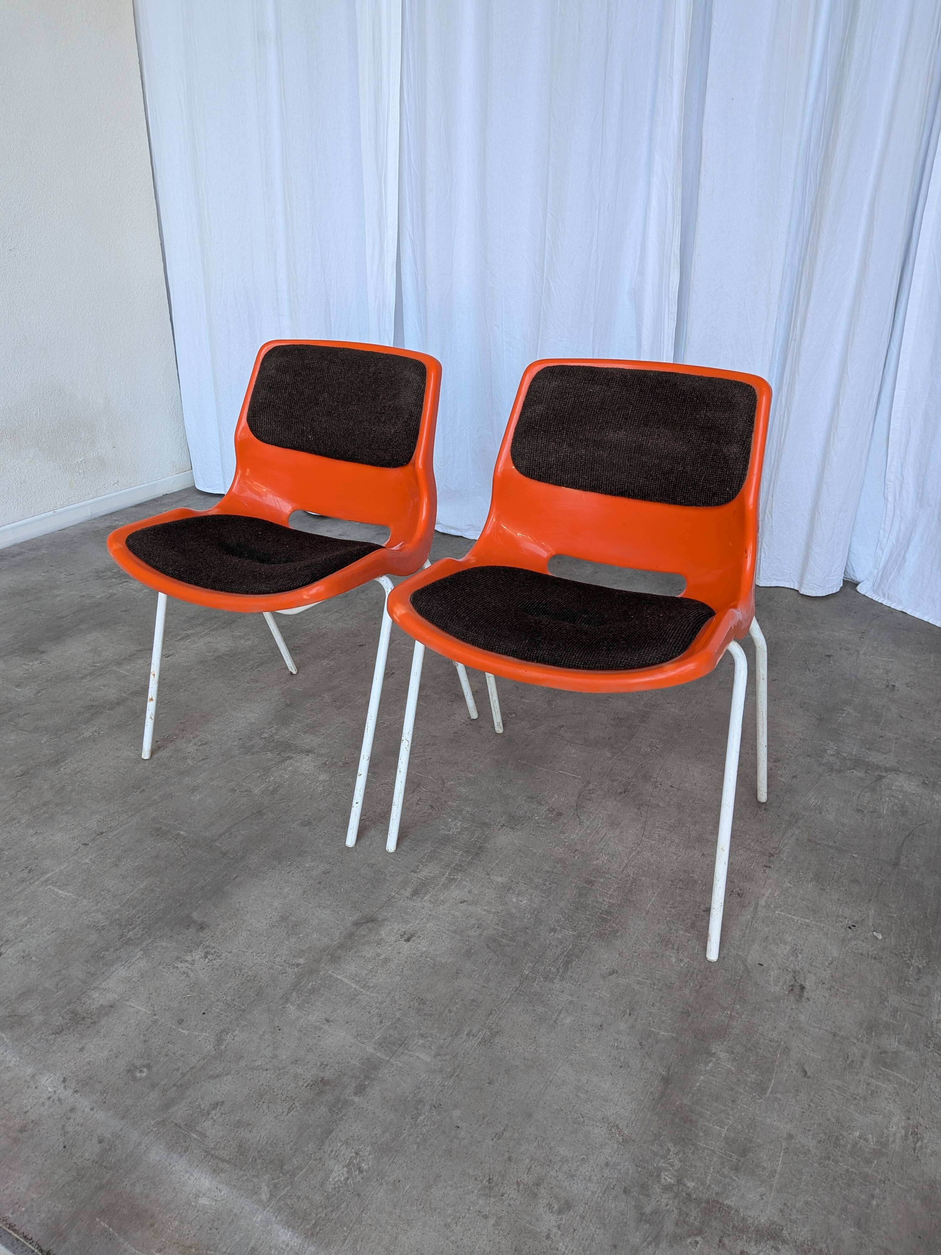 Vintage Overman Meblo Chairs: Orange & Brown Fabric, Stackable - Set of 2