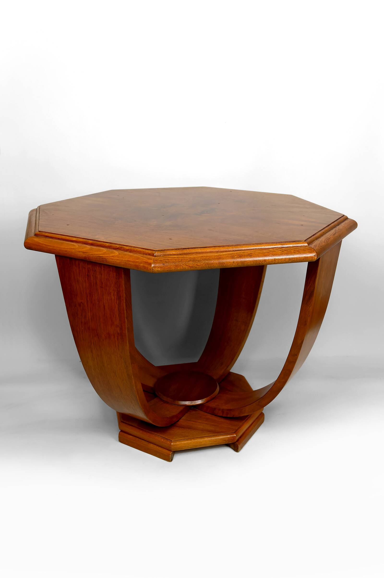 Octagonal Walnut Pedestal Table, Art Deco Modernist, France, c. 1930