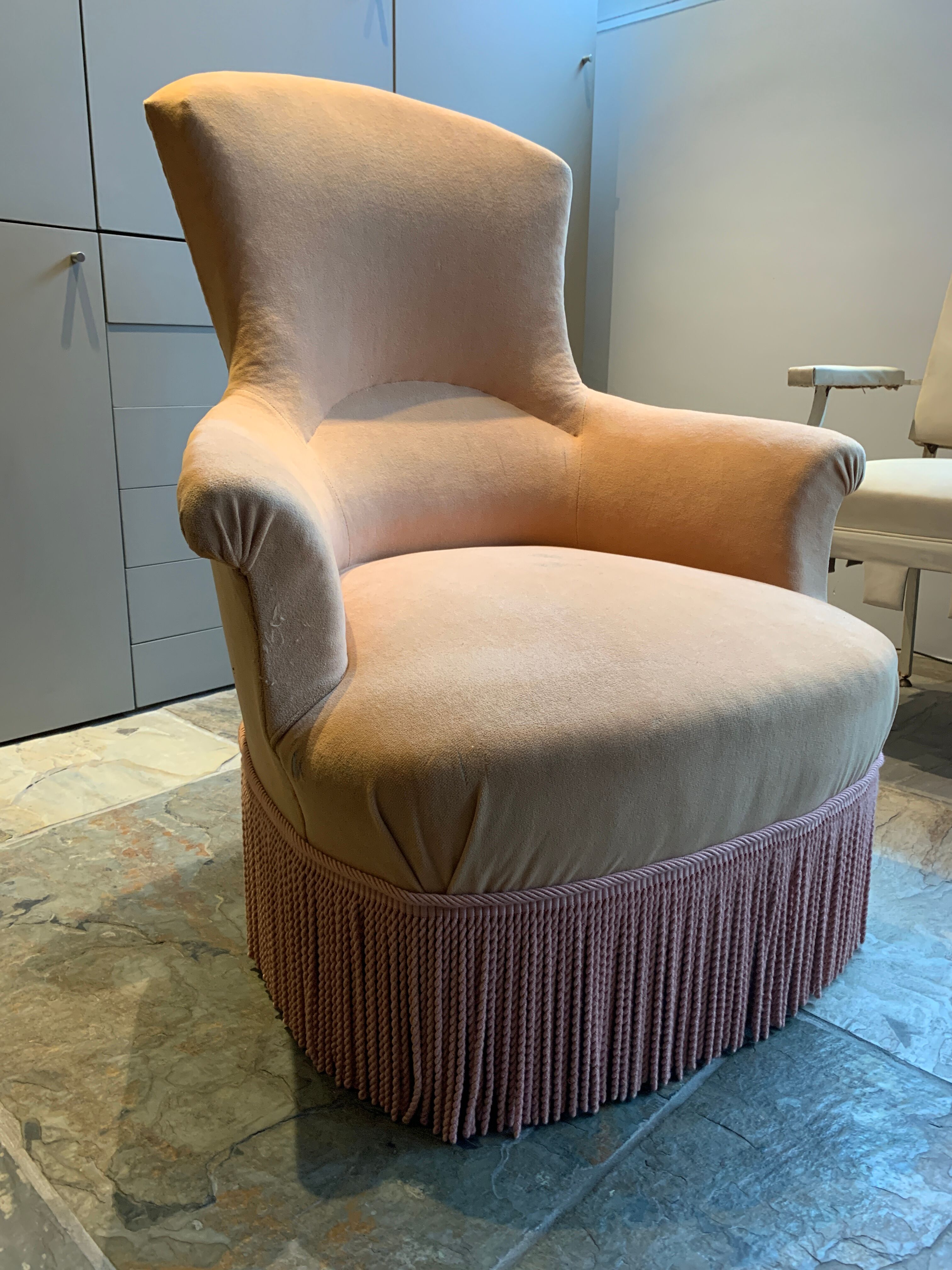 Yellow velvet toad armchair and pink trim