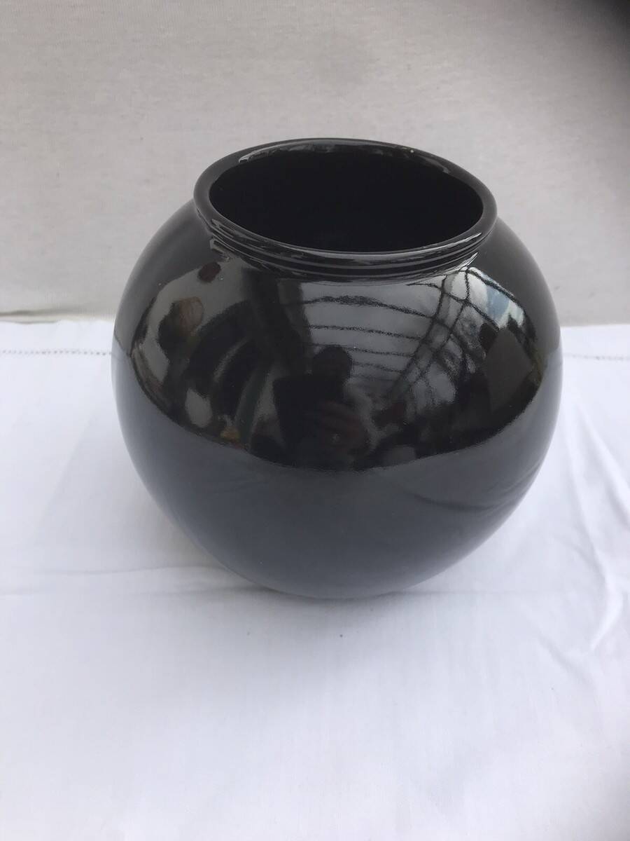 Black Ceramic Round Vase with Flower and Paradise Bird Design, 1970s Vintage