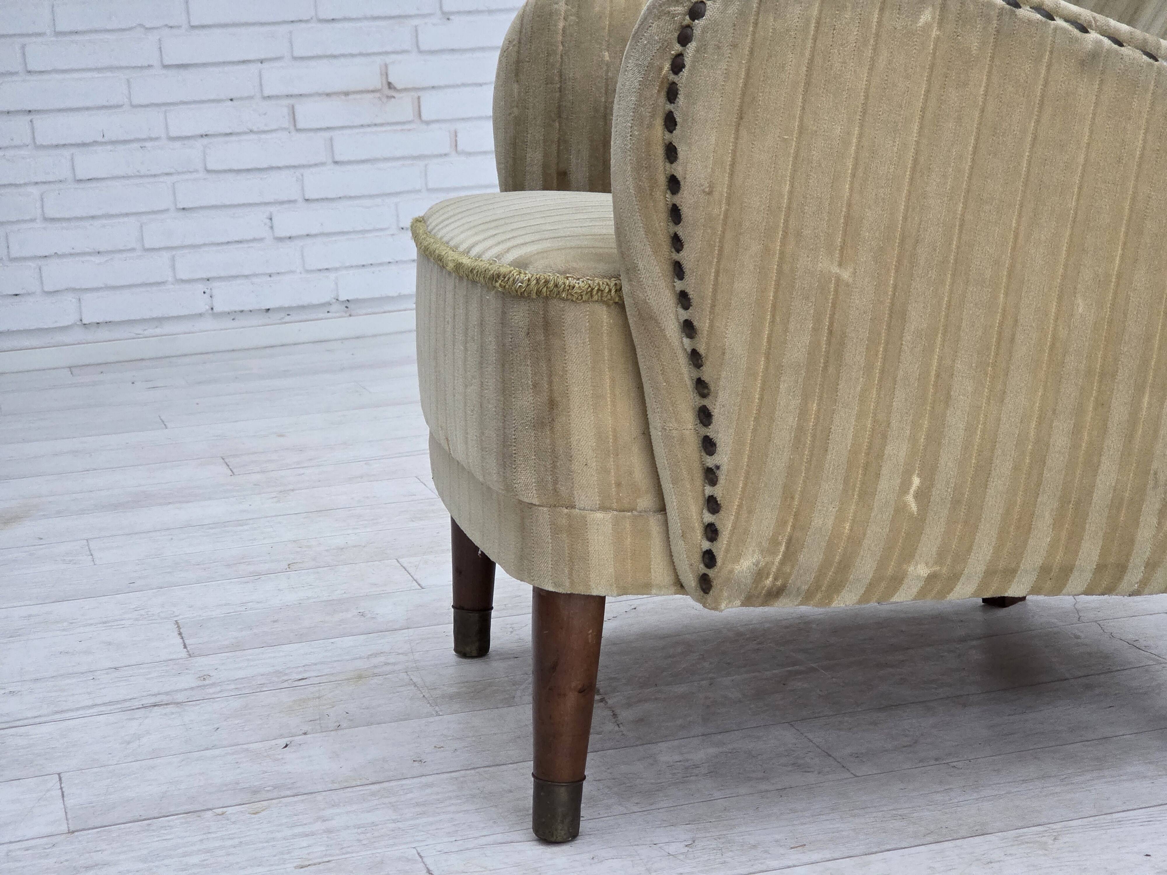 1960s, Danish armchair, light green furniture velour, beech wood.