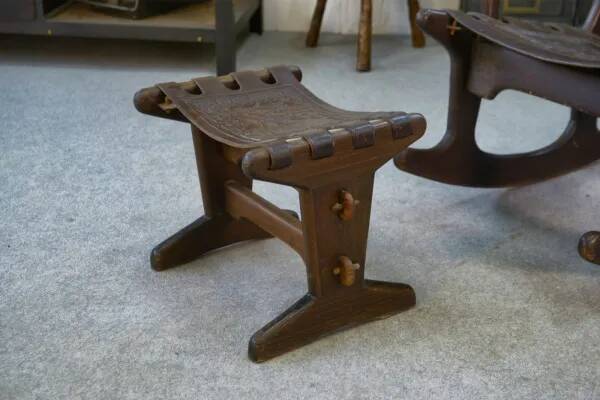 Armchair with ottoman by Angel Pazmino in wood and brown leather 1960's