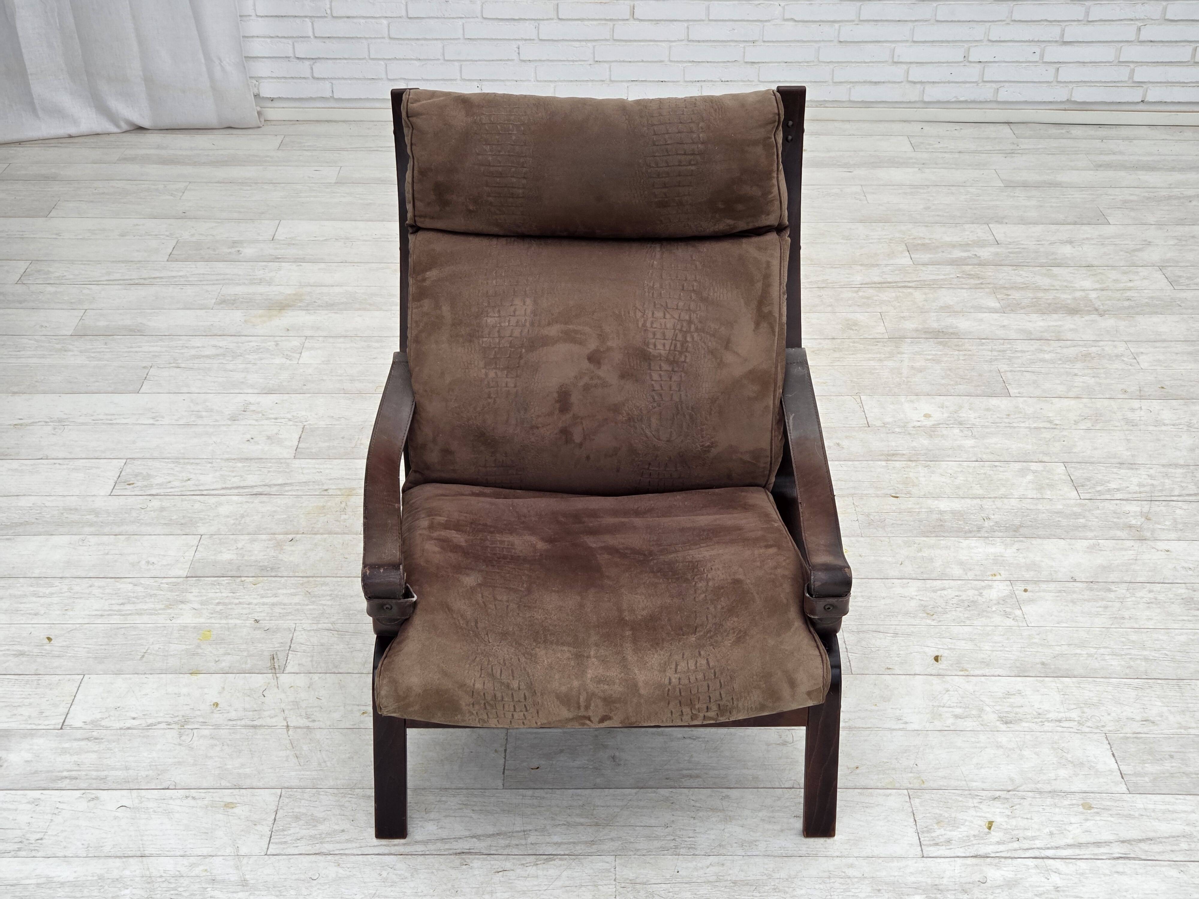 1970s, Scandinavian lounge chair, nubuck leather, canvas, beech wood.