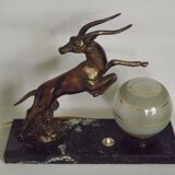 Vintage french art deco gazelle lamp black marble base round glass shade 3956