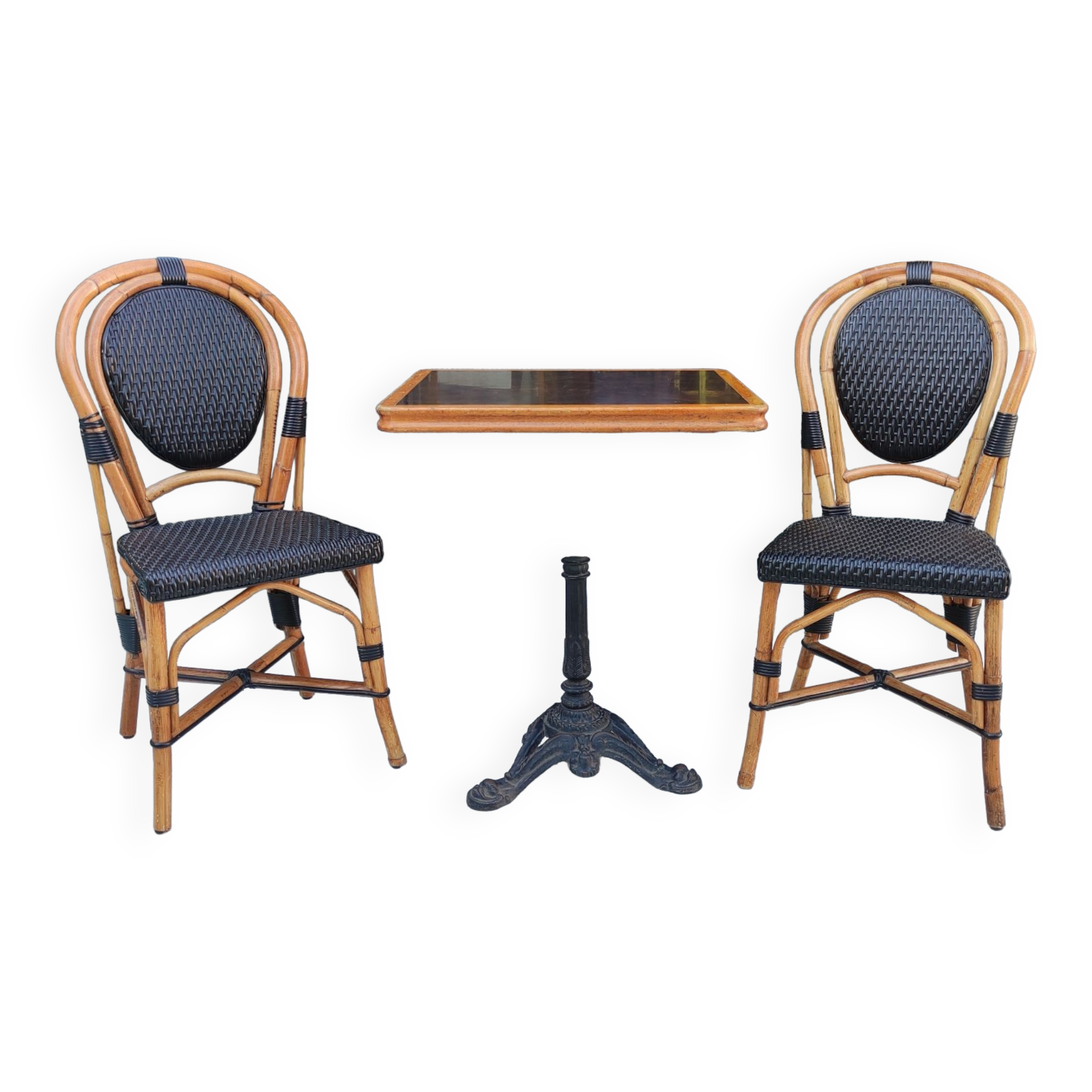 Ensemble table et 2 chaises bistrot vintage/rotin et vinyle tressé