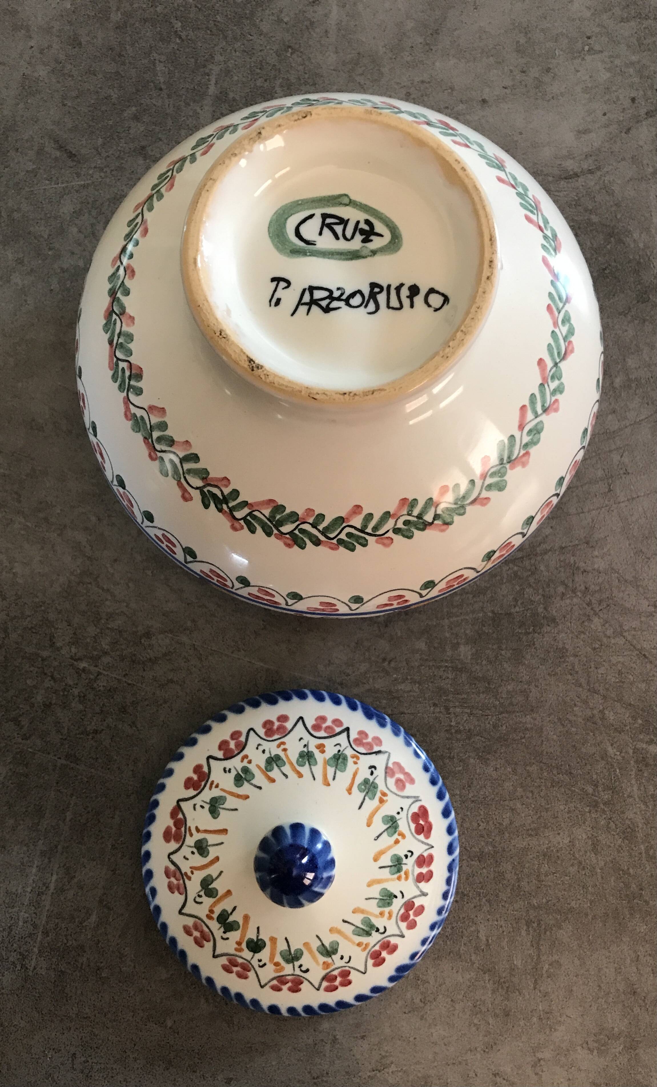 Jar, candy dish in enamelled ceramic with hand-painted decoration by p.arzobispo