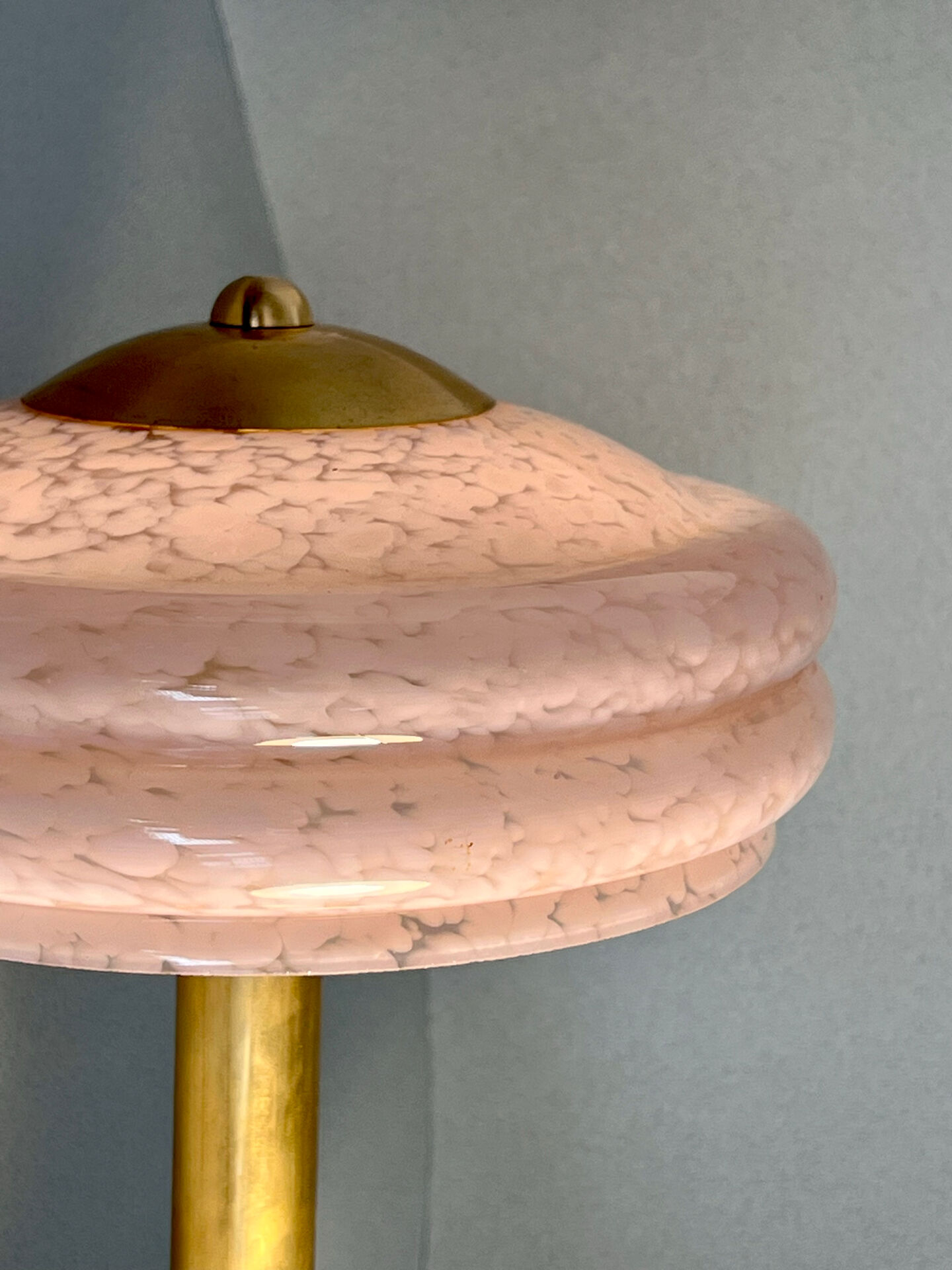 Art Deco mushroom table lamp, powdered pink Clichy glass