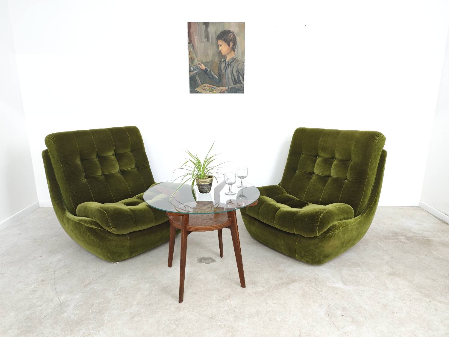 Pair of green velvet Atlantis armchairs by Jitona, ex Czechoslovakia 60s
