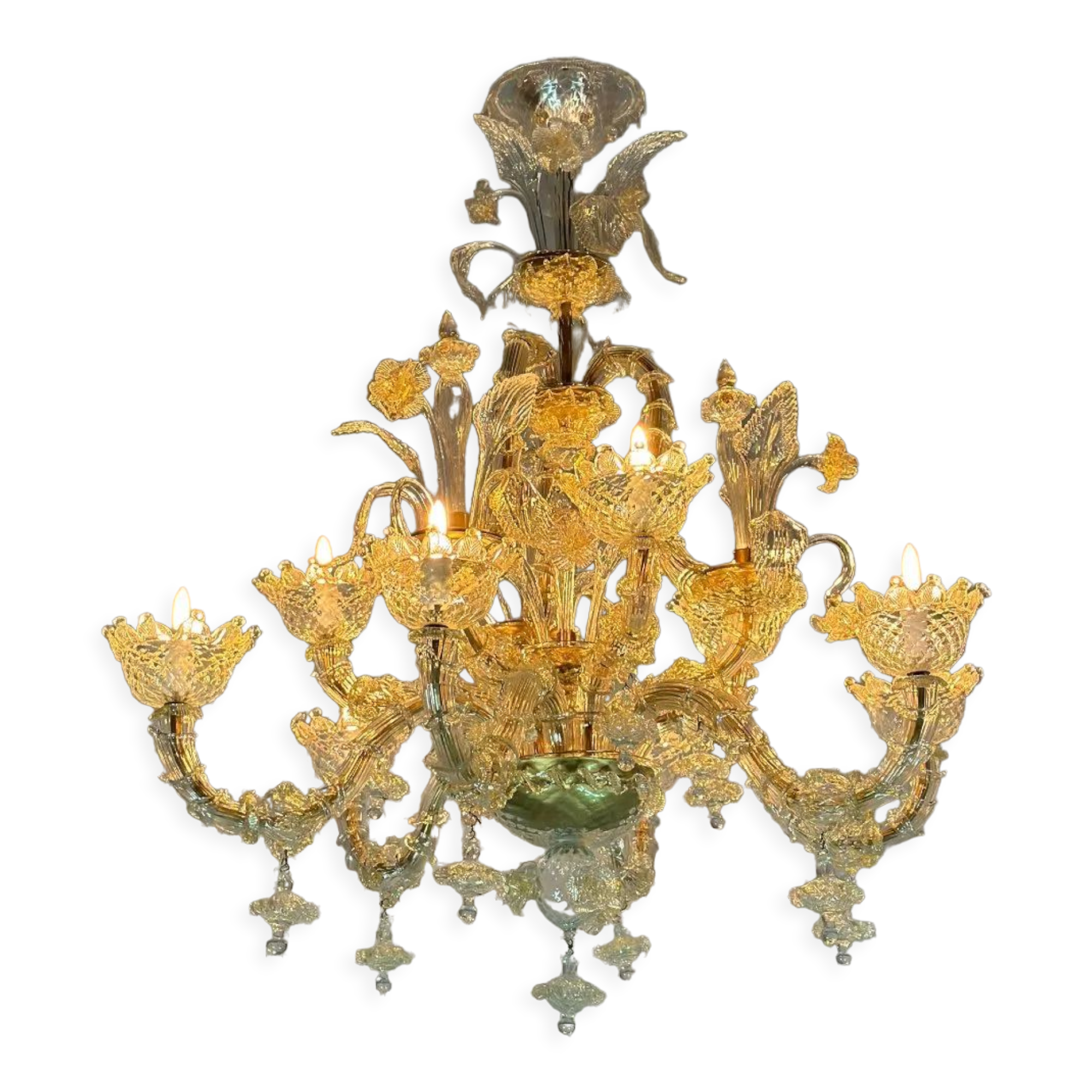 Venetian chandelier rezzonico in gilded Murano glass circa 1920