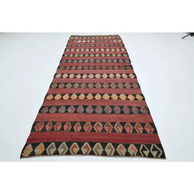 1970s Vintage Turkish Oushak Handmade Wool Cotton Red Runner Rug 140x353