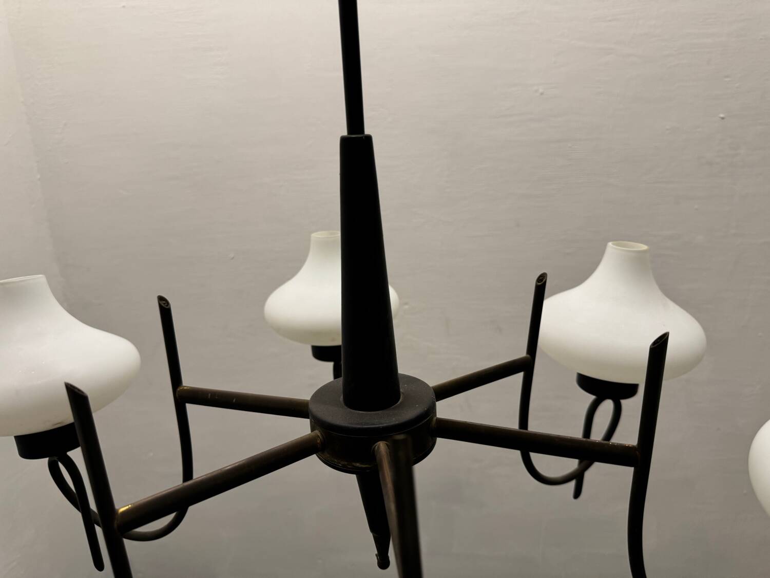 Italian Bronze Opaline Glass Chandelier 1950’s
