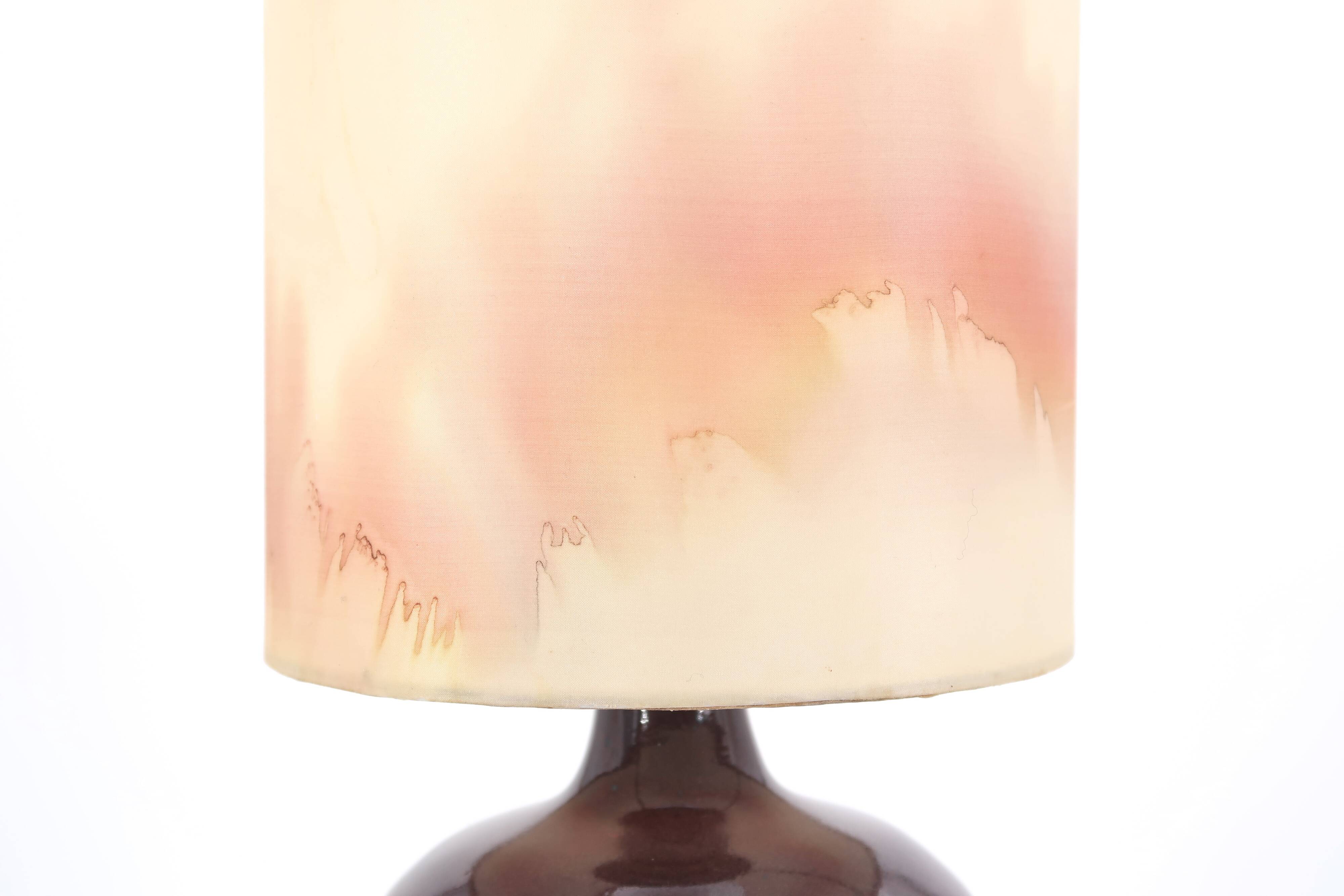Purple ceramic lamp, silk lampshade, 70s