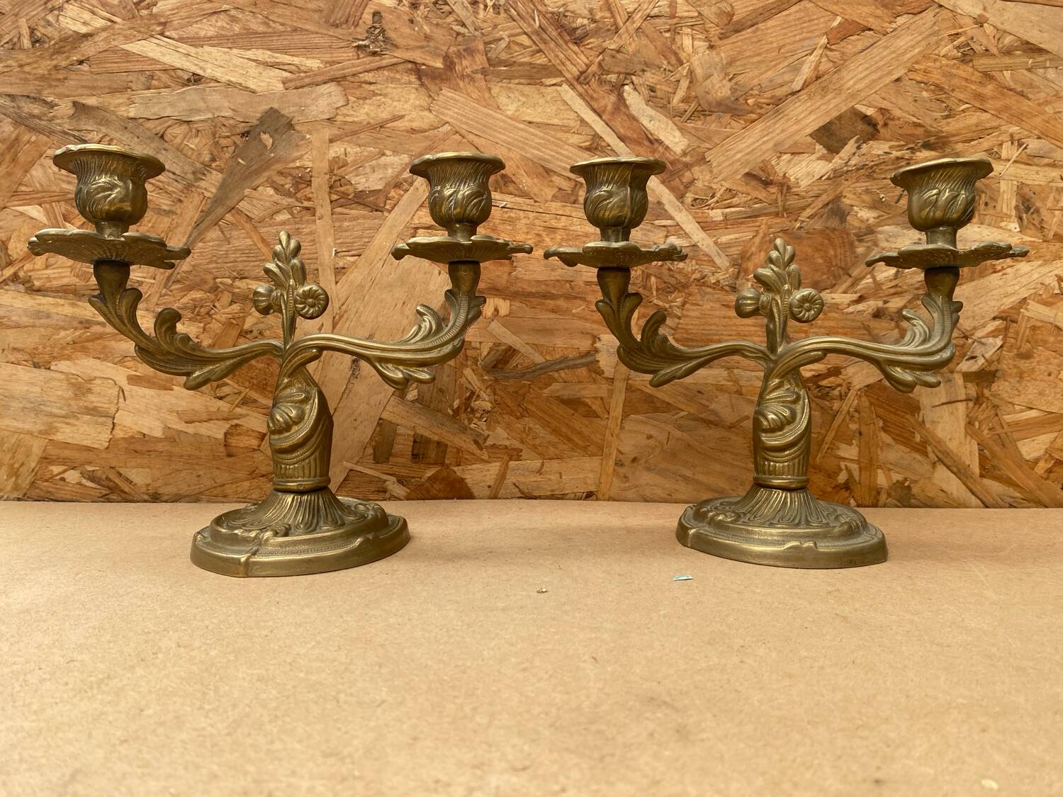 Antique Pair Of Vintage Brass Double Candlestick Holders