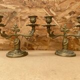 Ancienne Paire De Bougeoirs Double en Laiton Vintage