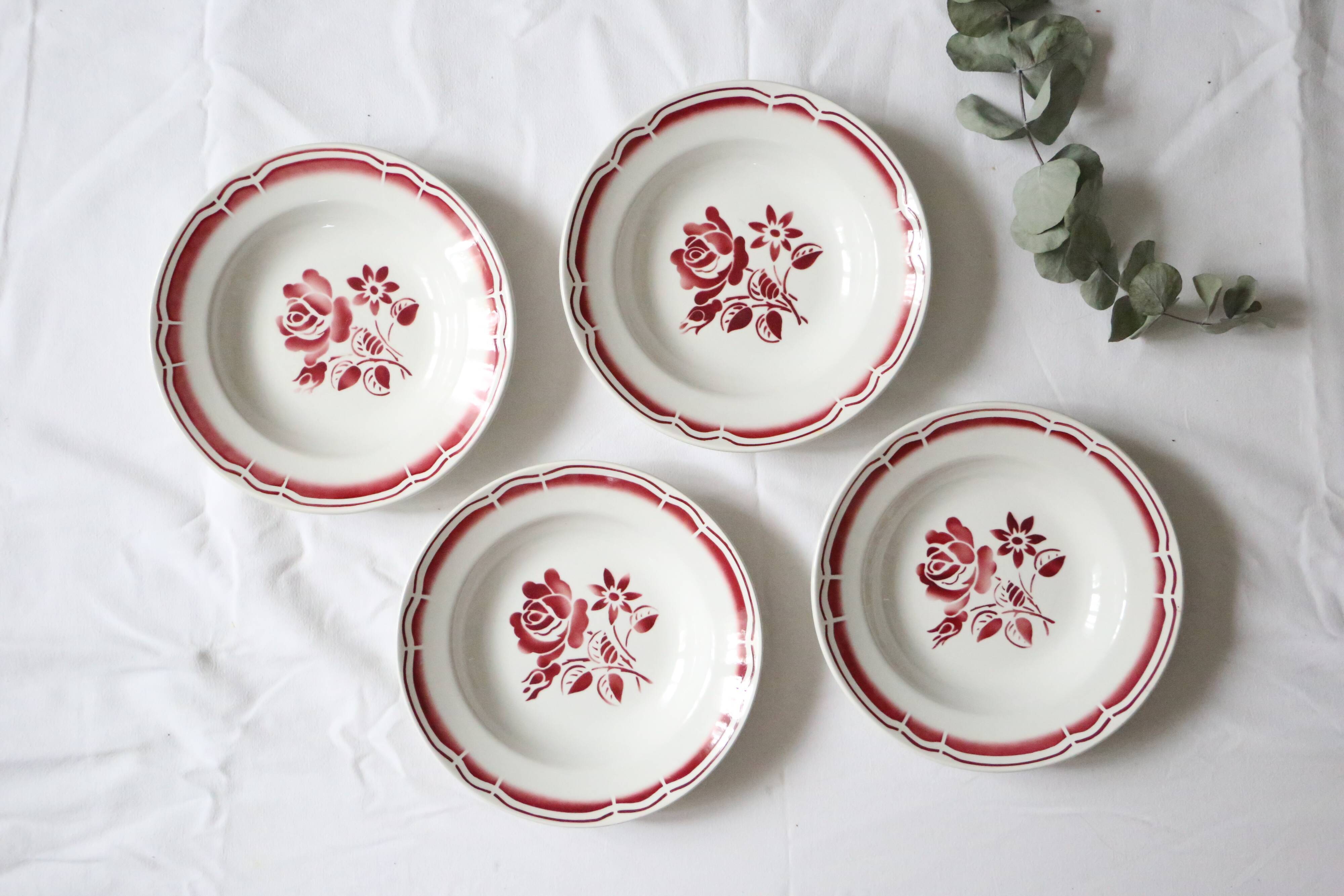Set of 4 hollow plates Badonviller, red, vintage French, authentic, rare, countryside