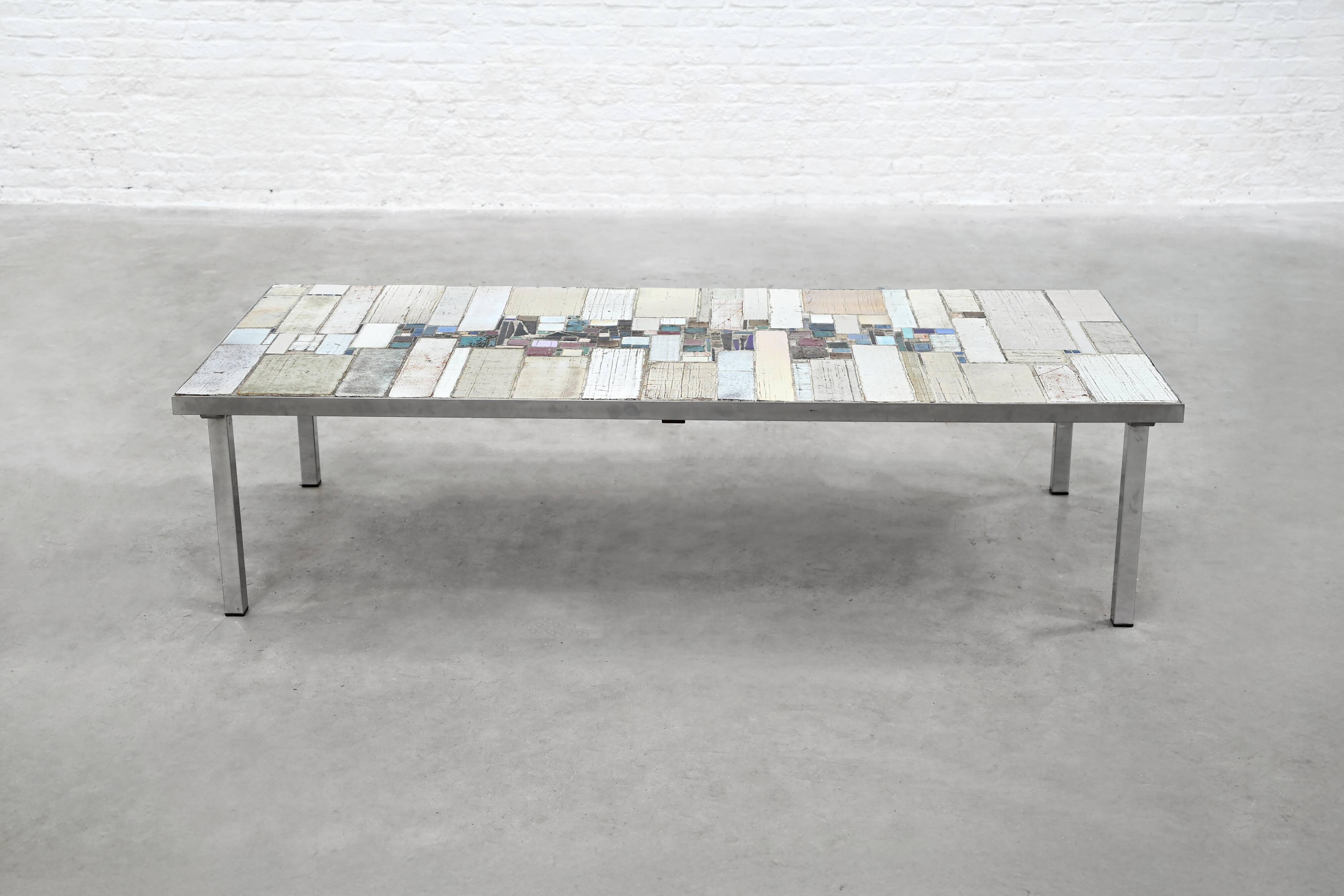 Brutalist Coffee Table by Pia Manu, Ceramic Top, Metal Base, Belgium