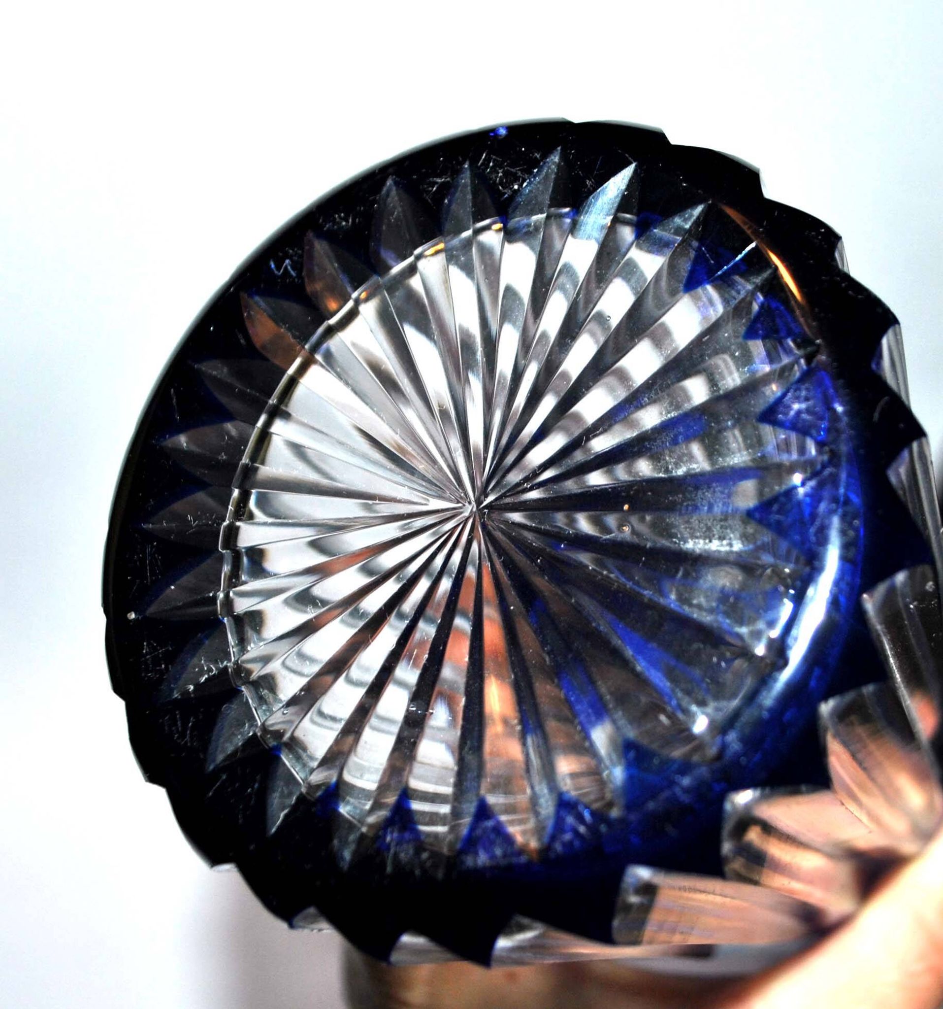 Antique Overlay NELLY carafe in crystal lined with cobalt blue SAINT-LOUIS 1930