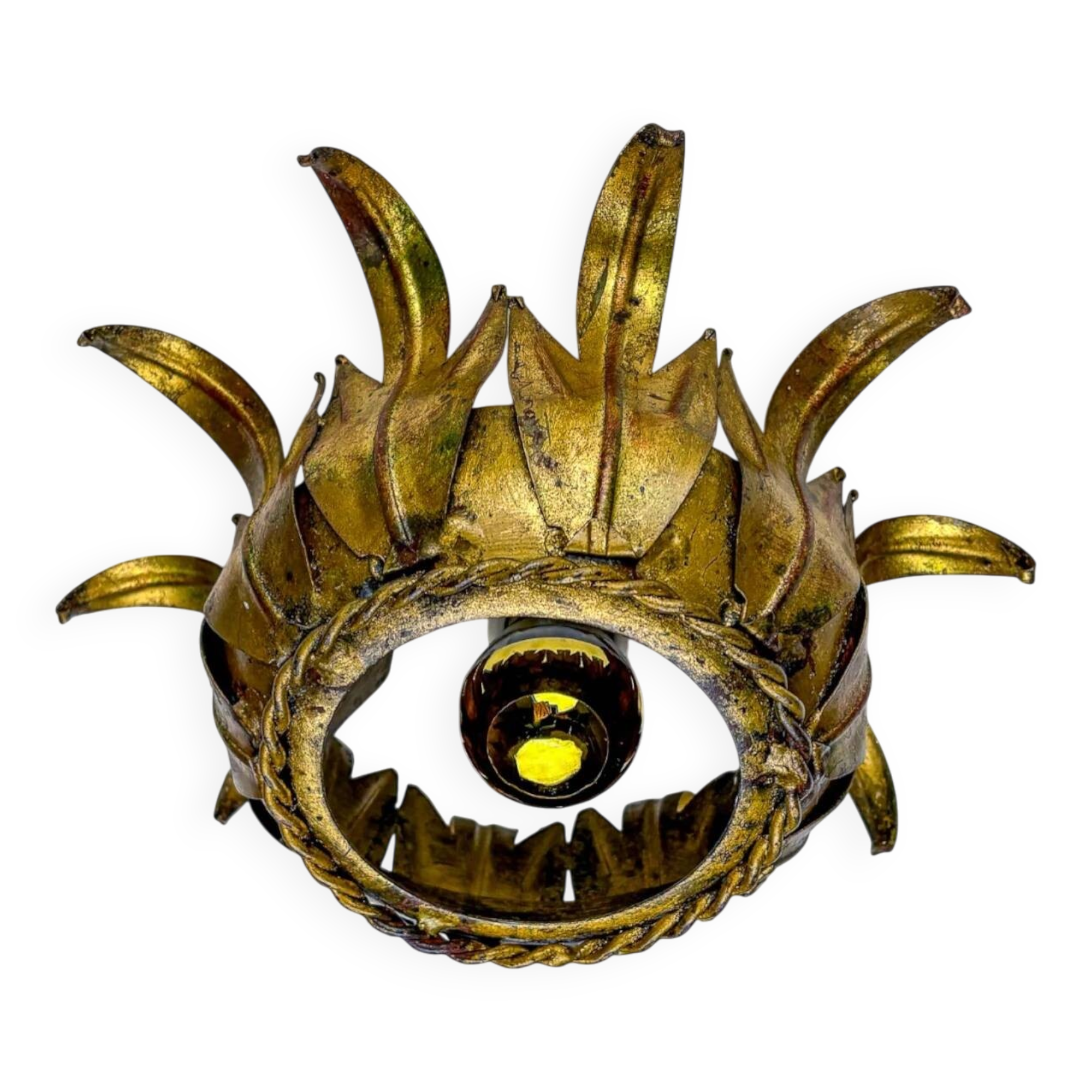 Sunburst ceiling light fixture or sconce in gilt wrought iron, Spain, 1960s