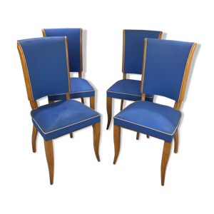 Lot de 4 chaises en bois et skaï bleu années 50/60