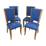 Lot de 4 chaises en bois et skaï bleu années 50/60