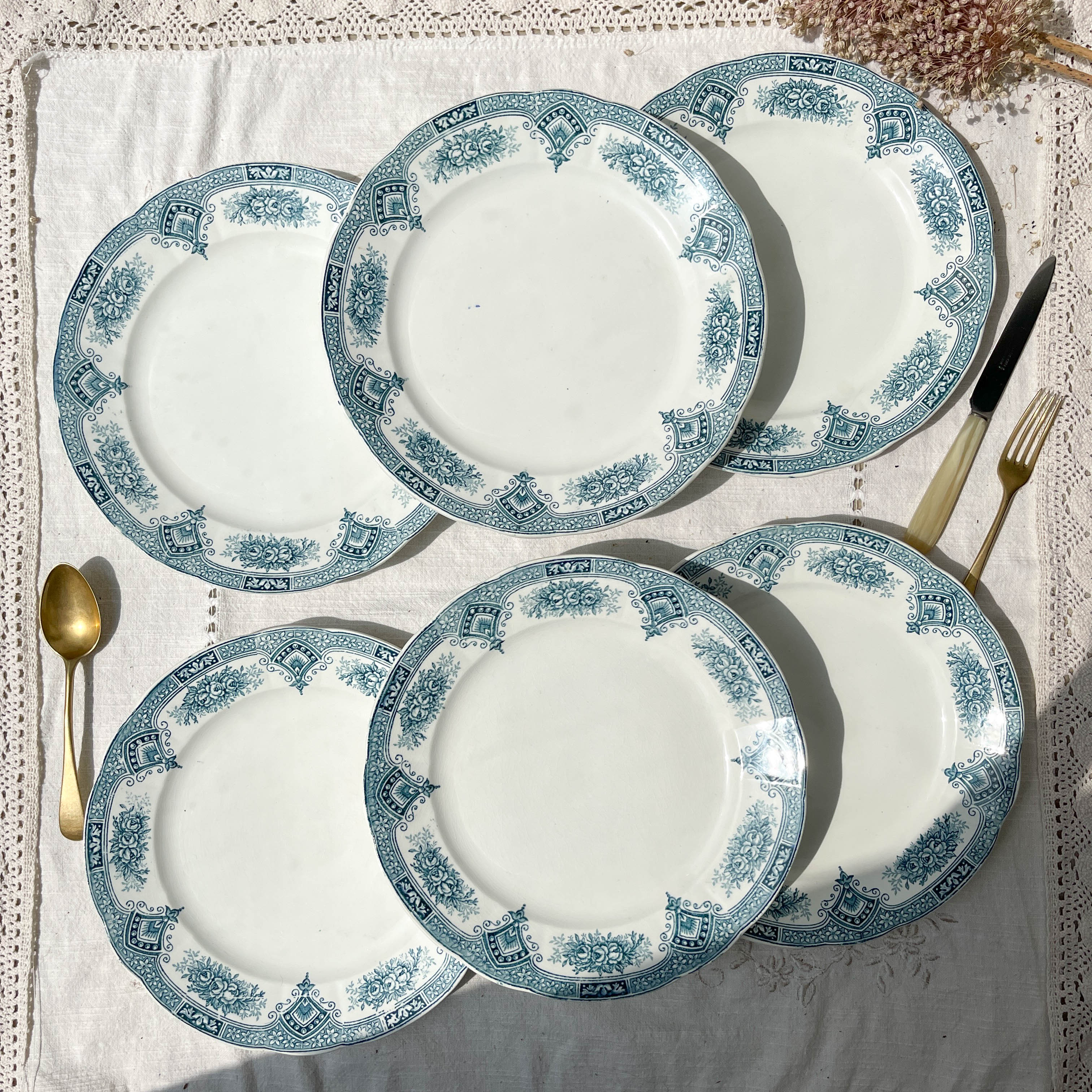 6 vintage flat plates iron earth onnaing model "spring"