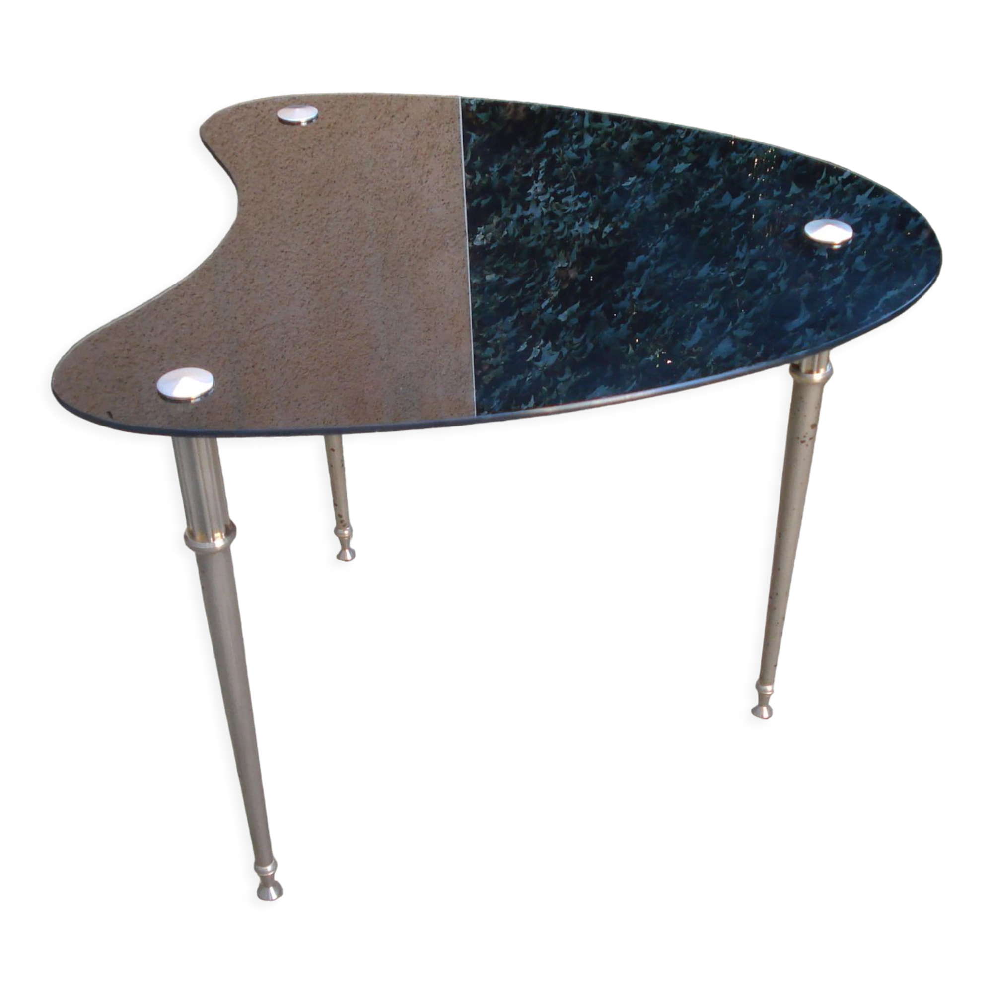 Side table black glass top and metal base