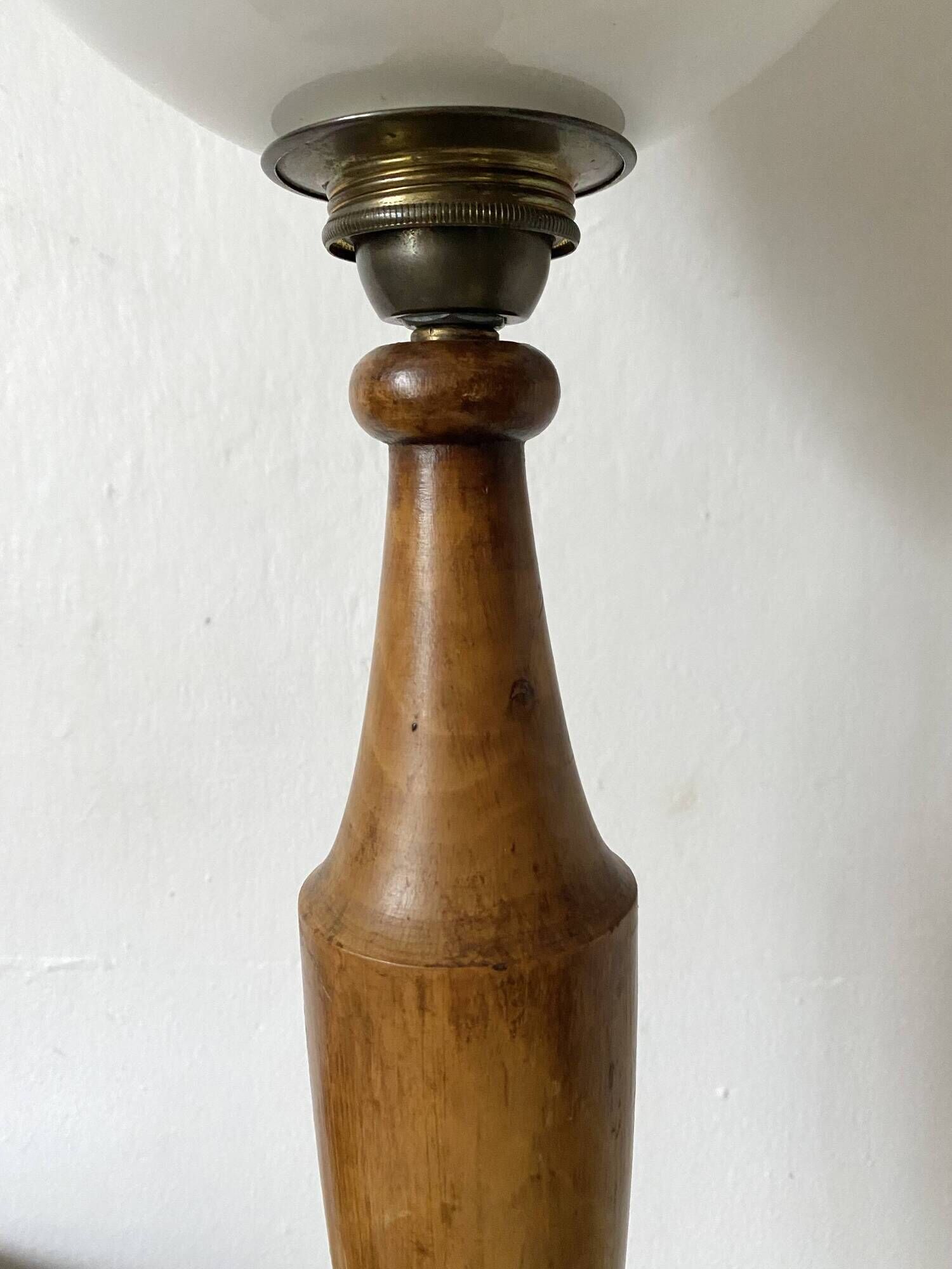 Large Art Deco lamp in Mazda style made of turned wood and opaline.