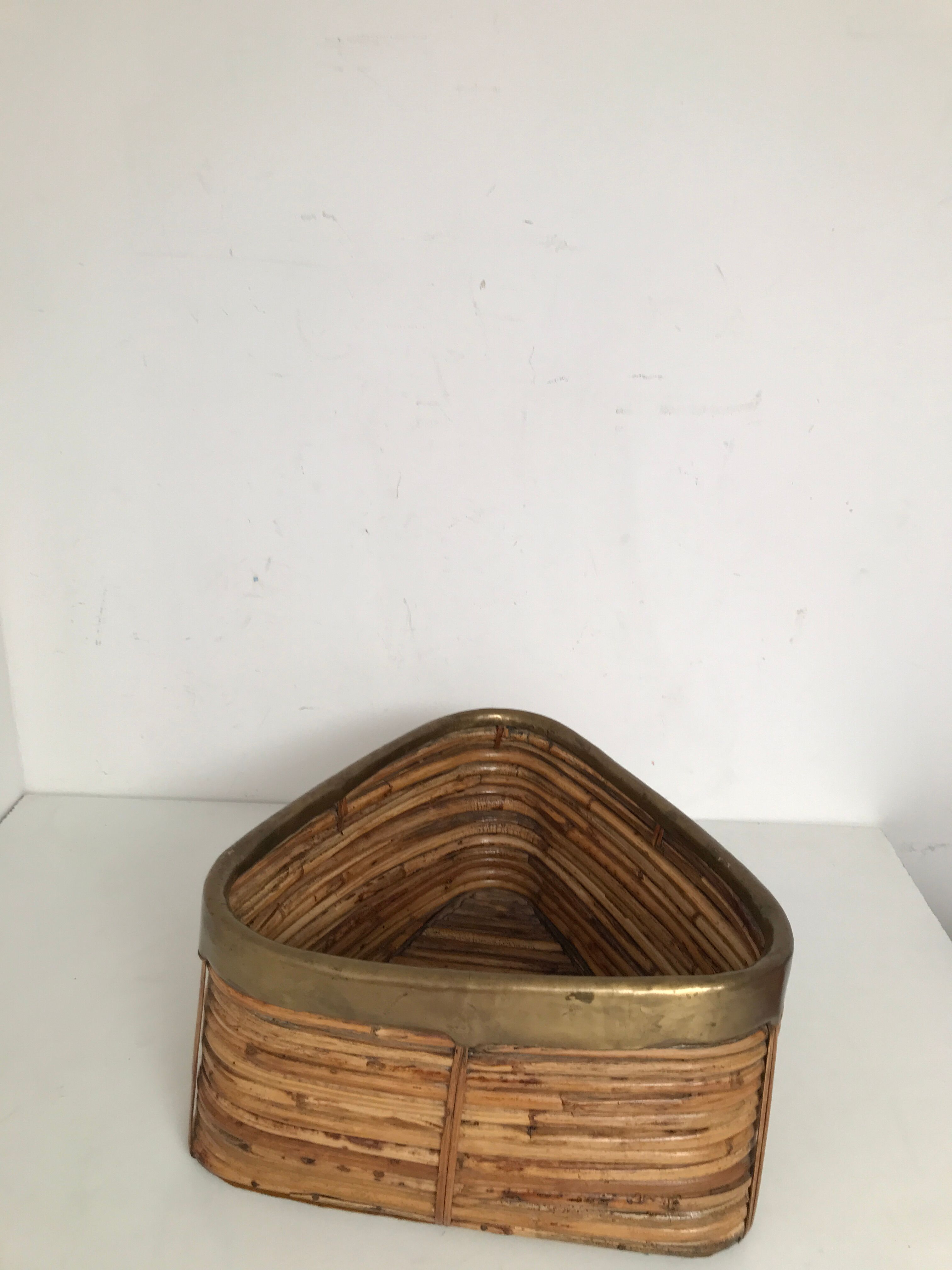 Vintage rattan basket with brass edge 1970