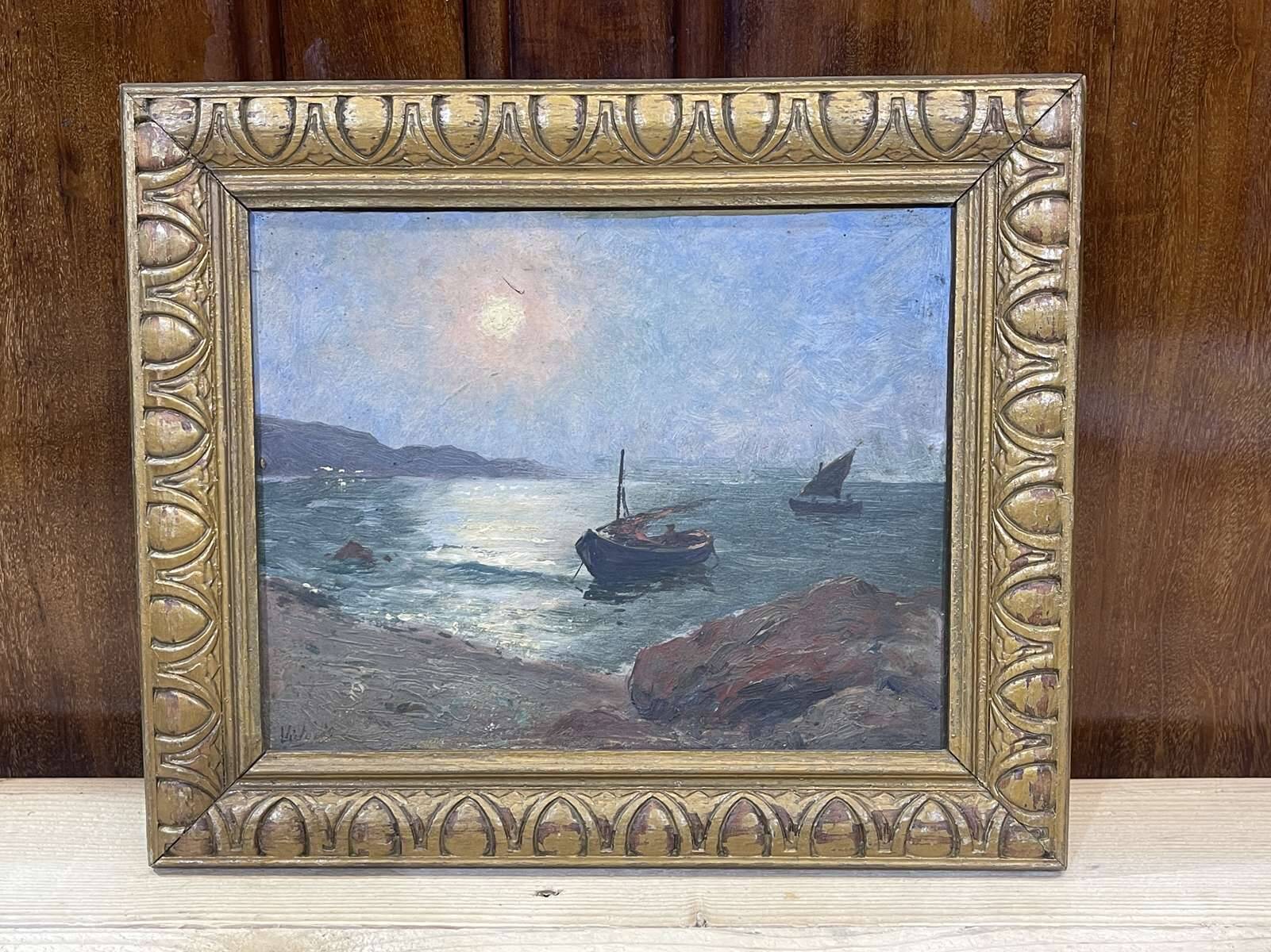Moonrise at dusk Toulon - Oil on cardboard, signed Victorès