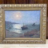 Moonrise at dusk Toulon - Oil on cardboard, signed Victorès