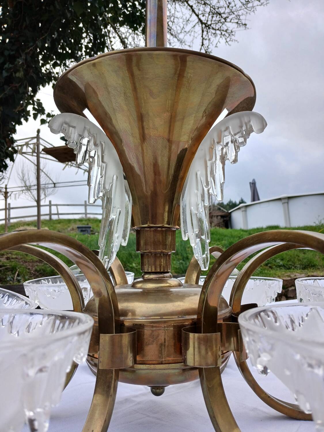 Antique Art Deco brass and glass chandelier