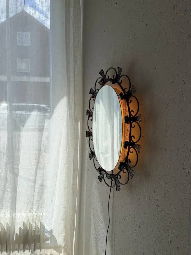 Hillebrand illuminated wall mirror wrought iron 1980s