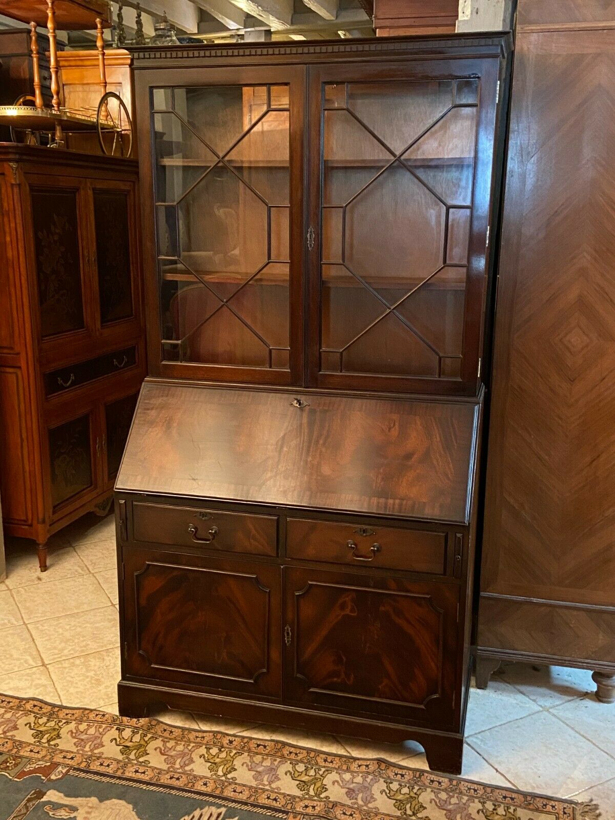 English Scriban two body secretary office showcase library in mahogany