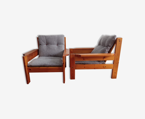 Paire de fauteuils en pin 1980